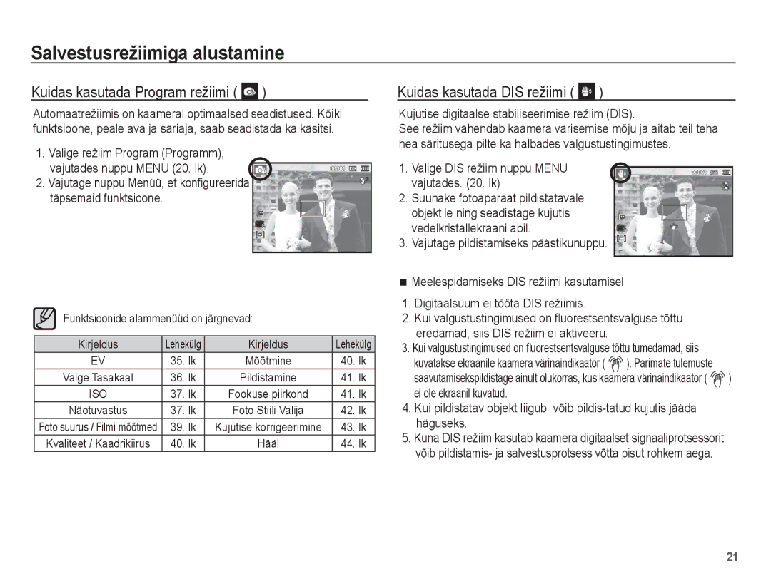 Samsung EC-ES55ZABP/RU Kuidas kasutada Program režiimi, Kuidas kasutada DIS režiimi, Digitaalsuum ei tööta DIS režiimis 