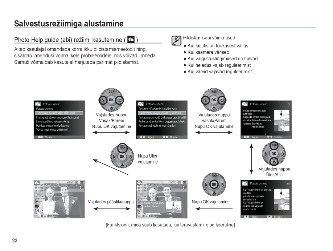 Samsung EC-ES55ZSBP/RU Photo Help guide abi režiimi kasutamine, Vajutades nuppu Vasak/Parem, Vajutades nuppu Üles/Alla 