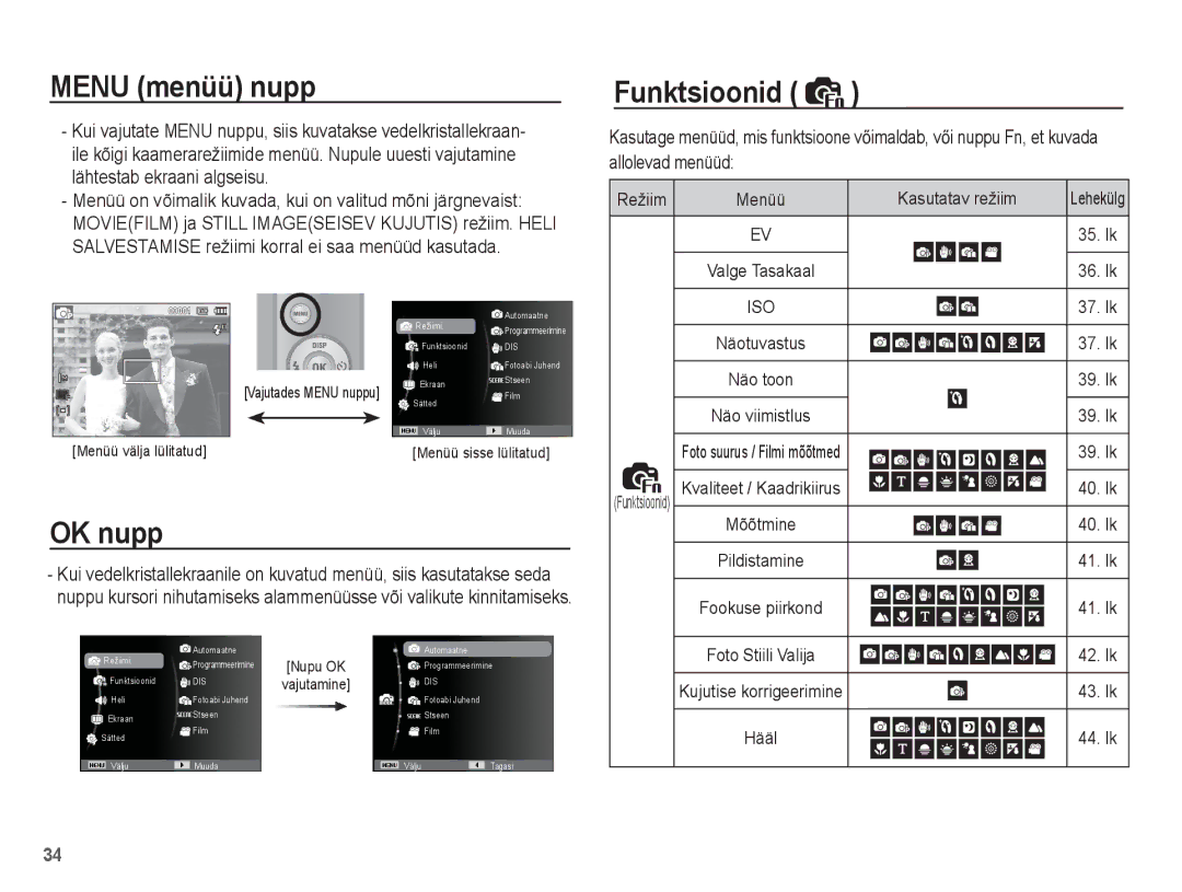 Samsung EC-ES55ZSBP/RU, EC-ES55ZBBP/RU, EC-ES55ZABP/RU manual Menu menüü nupp, OK nupp, Funktsioonid, Kasutatav režiim 