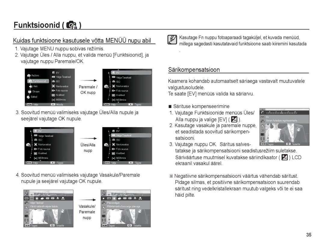 Samsung EC-ES55ZBBP/RU, EC-ES55ZABP/RU Särikompensatsioon, Ekraanil vasakul äärel, Kasutage vasakule ja paremale nuppe 