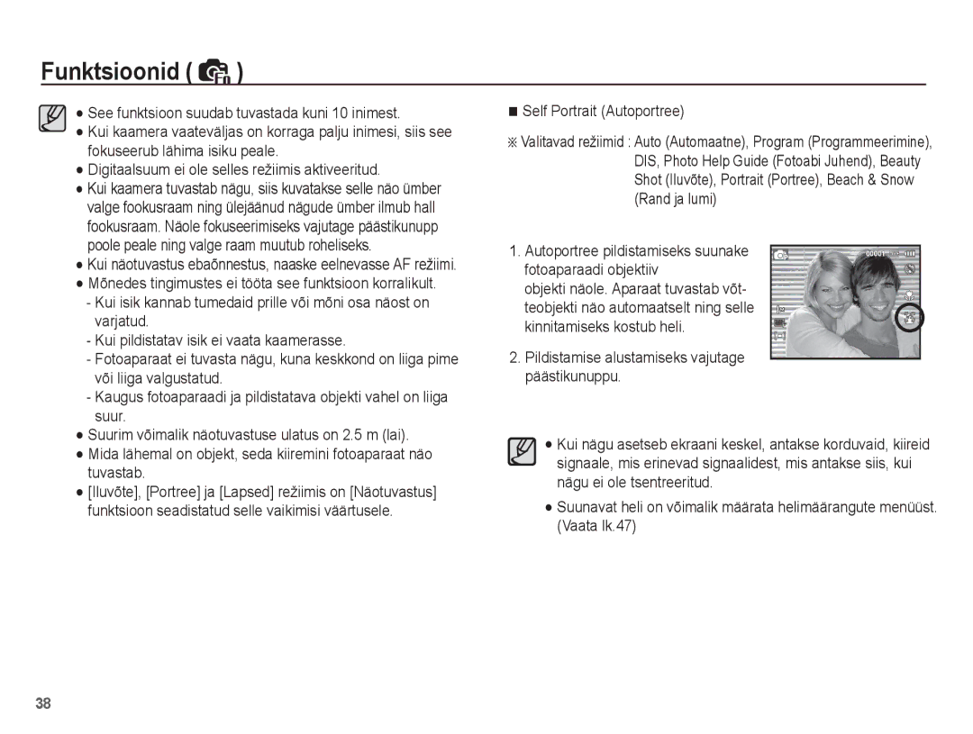 Samsung EC-ES55ZBBP/RU manual Self Portrait Autoportree, Autoportree pildistamiseks suunake fotoaparaadi objektiiv 