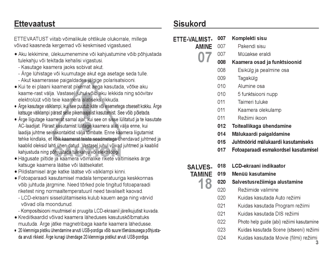 Samsung EC-ES55ZABP/RU manual Ettevaatust Sisukord, Pakendi sisu 007 Müüakse eraldi, Kuidas kasutada Movie ﬁlmi režiimi 