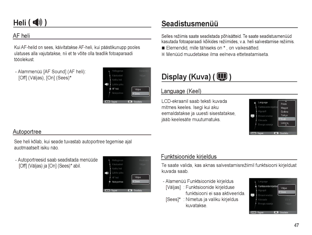 Samsung EC-ES55ZBBP/RU, EC-ES55ZABP/RU, EC-ES55ZSBP/RU manual Seadistusmenüü, Display Kuva 