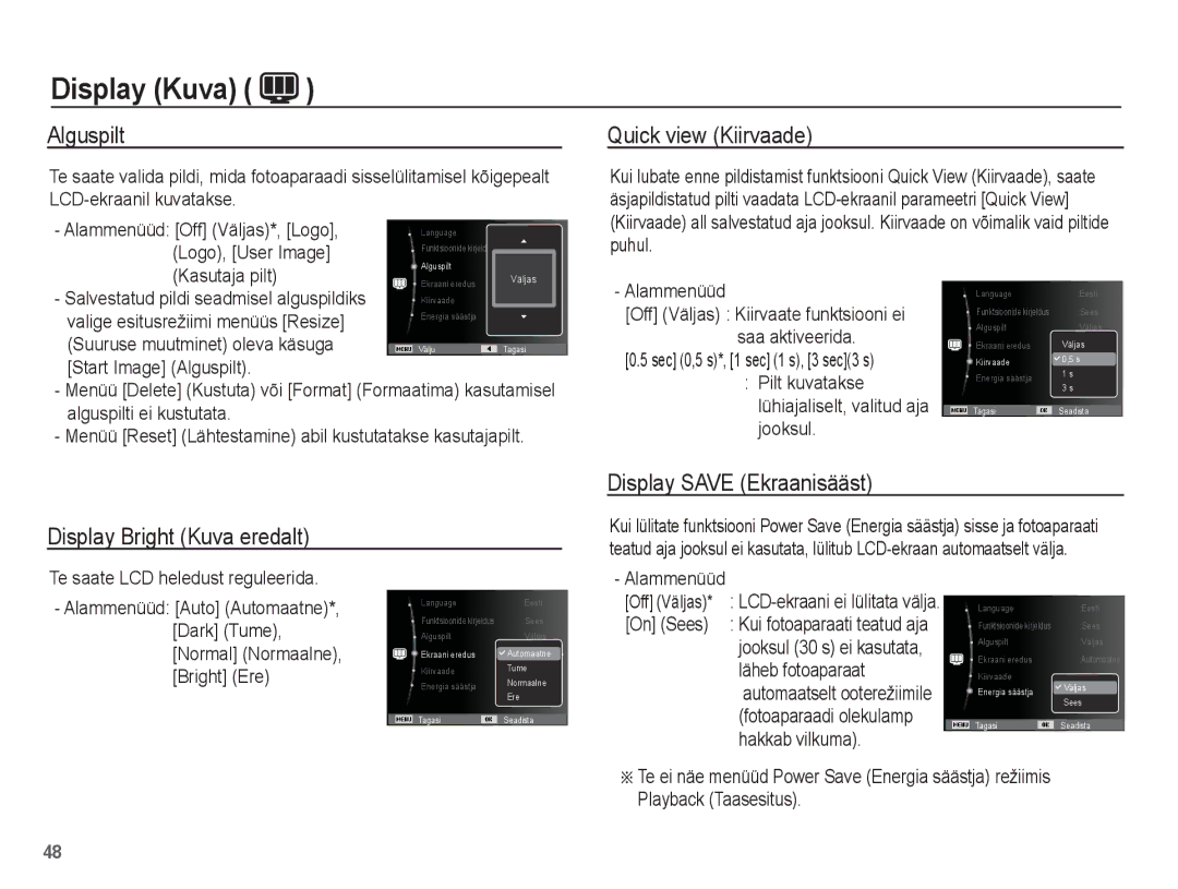 Samsung EC-ES55ZABP/RU manual Alguspilt, Quick view Kiirvaade, Display Bright Kuva eredalt Display Save Ekraanisääst 