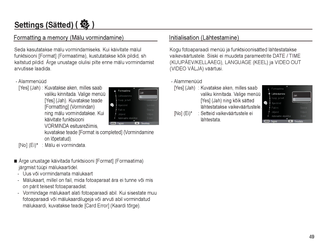 Samsung EC-ES55ZSBP/RU, EC-ES55ZBBP/RU Settings Sätted, Formatting a memory Mälu vormindamine, Initialisation Lähtestamine 