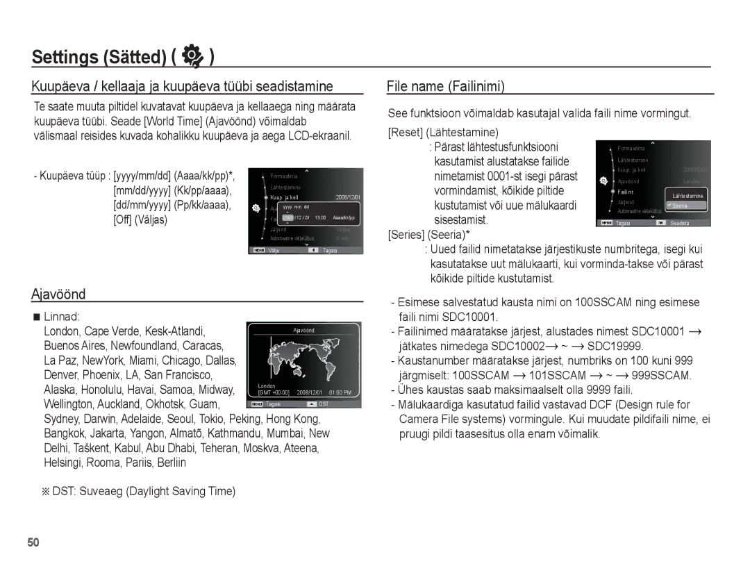 Samsung EC-ES55ZBBP/RU, EC-ES55ZABP/RU Kuupäeva / kellaaja ja kuupäeva tüübi seadistamine, Ajavöönd, File name Failinimi 