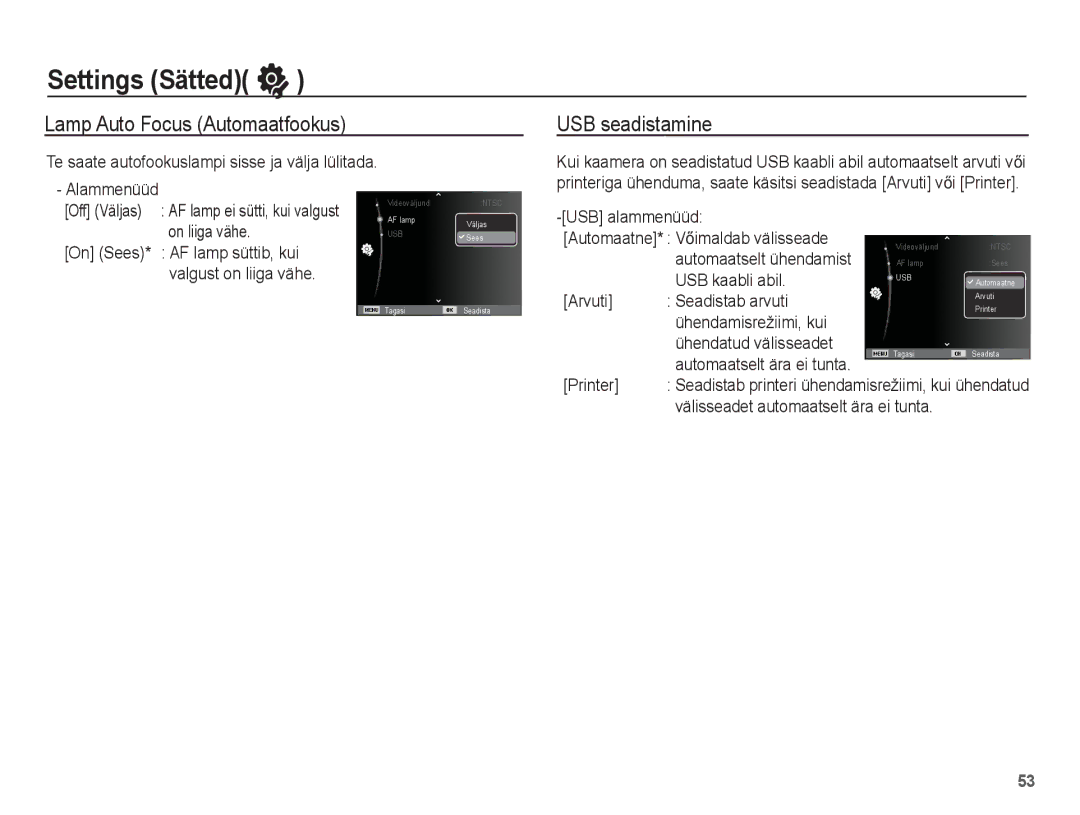 Samsung EC-ES55ZBBP/RU, EC-ES55ZABP/RU, EC-ES55ZSBP/RU manual Lamp Auto Focus Automaatfookus, USB seadistamine 