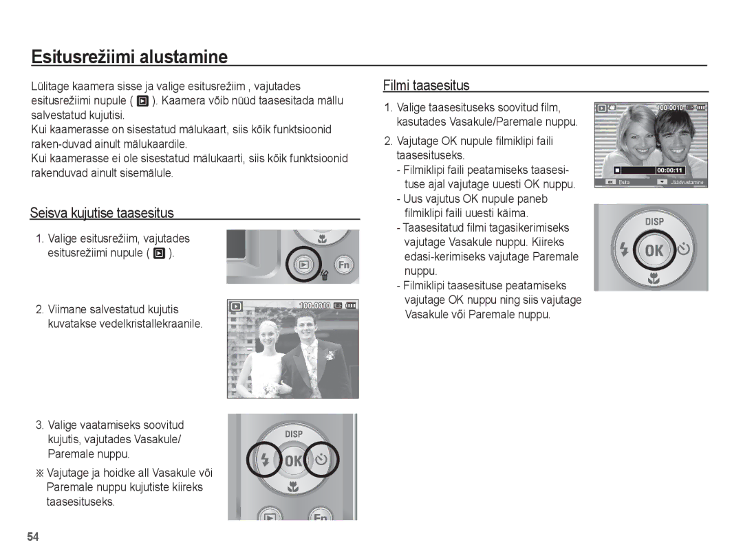 Samsung EC-ES55ZABP/RU, EC-ES55ZBBP/RU manual Esitusrežiimi alustamine, Filmi taasesitus, Seisva kujutise taasesitus 