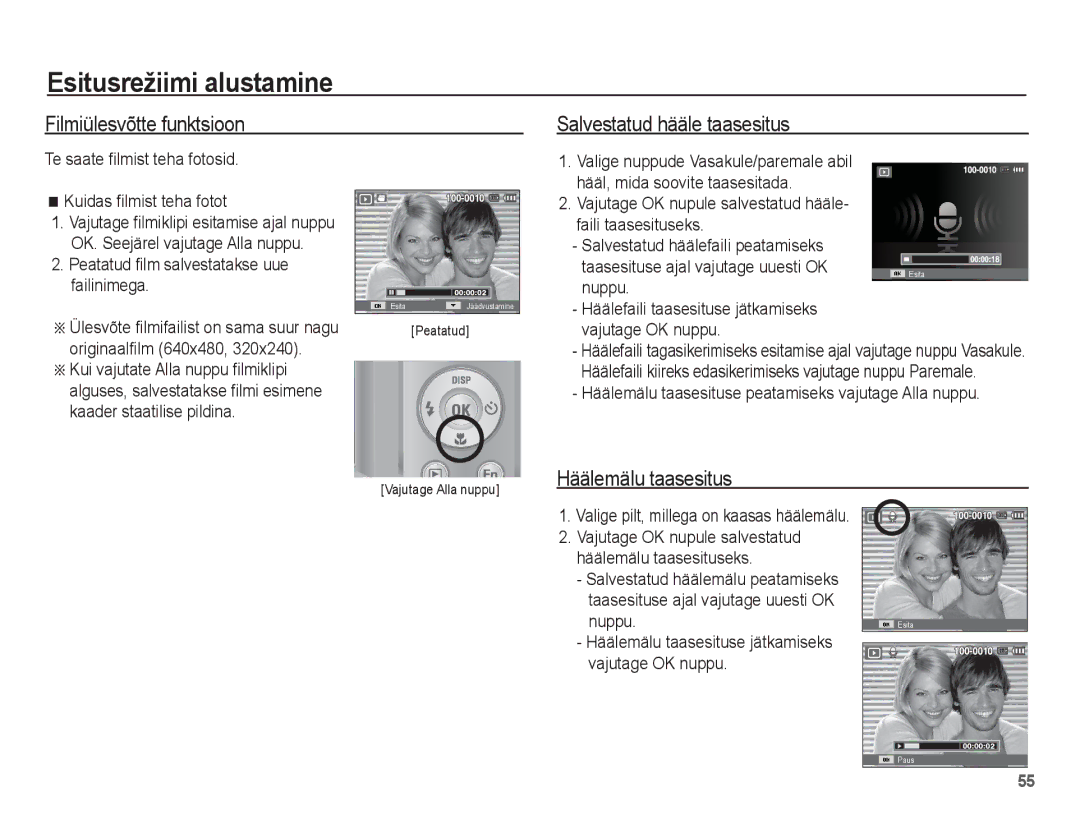 Samsung EC-ES55ZSBP/RU, EC-ES55ZBBP/RU manual Filmiülesvõtte funktsioon, Salvestatud hääle taasesitus, Häälemälu taasesitus 