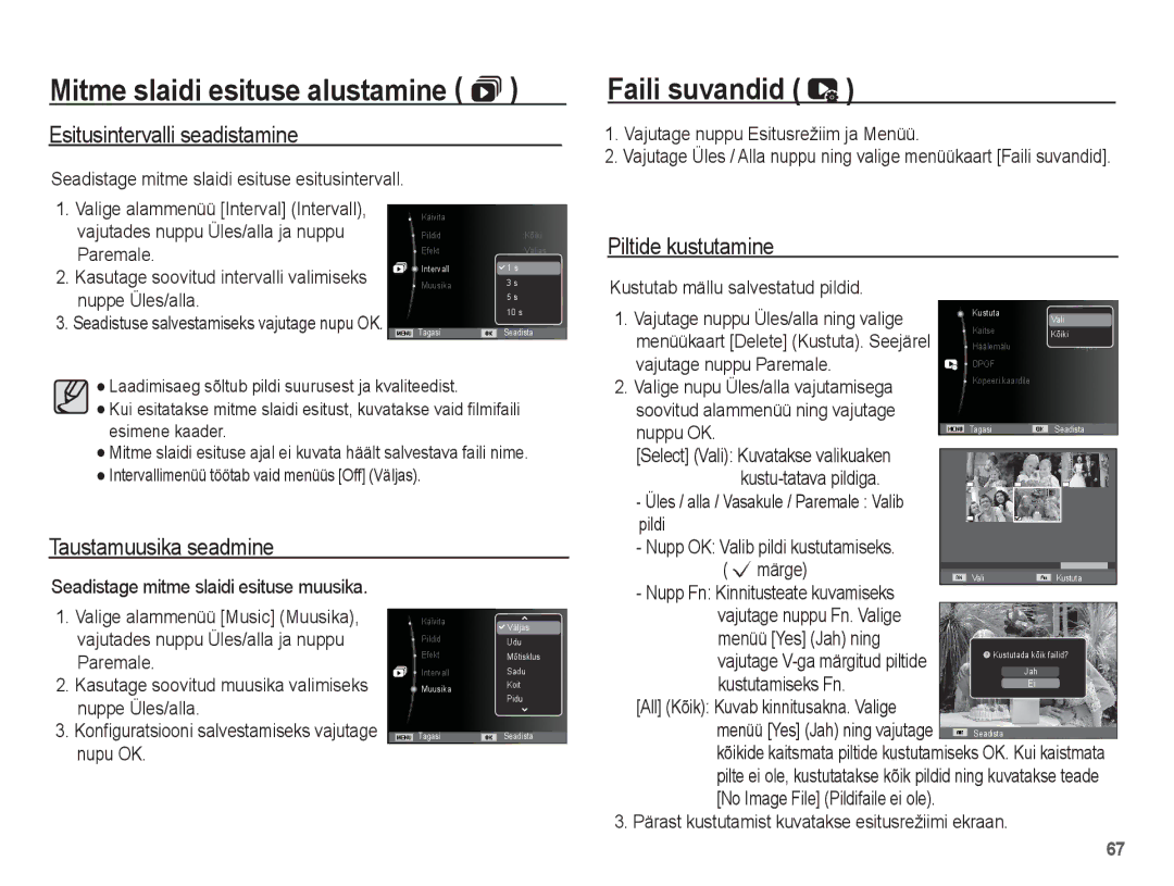 Samsung EC-ES55ZSBP/RU manual Faili suvandid, Esitusintervalli seadistamine, Piltide kustutamine, Taustamuusika seadmine 