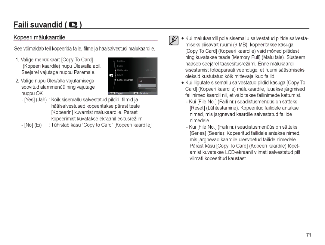 Samsung EC-ES55ZBBP/RU manual Kopeeri mälukaardile, Valige menüükaart Copy To Card, Kopeeri kaardile nupu Üles/alla abil 