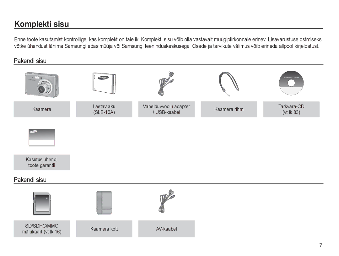 Samsung EC-ES55ZSBP/RU, EC-ES55ZBBP/RU, EC-ES55ZABP/RU manual Komplekti sisu, Pakendi sisu 