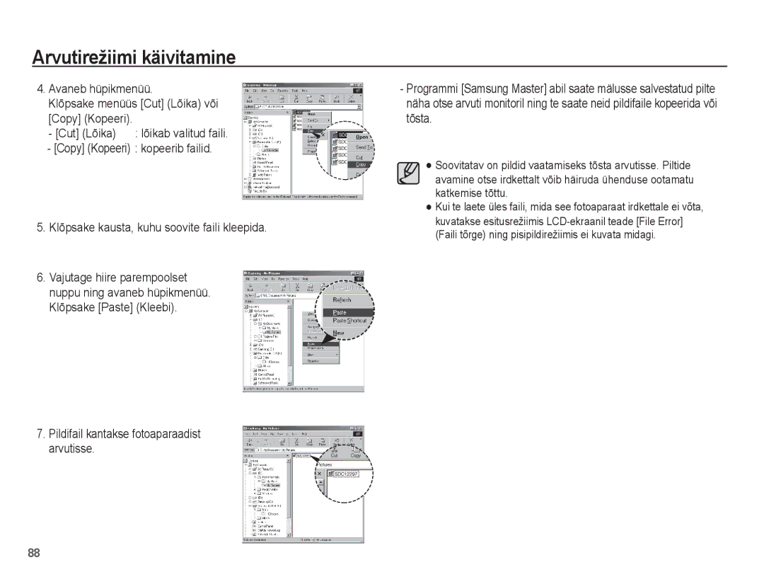 Samsung EC-ES55ZSBP/RU, EC-ES55ZBBP/RU, EC-ES55ZABP/RU manual Avaneb hüpikmenüü Klõpsake menüüs Cut Lõika või Copy Kopeeri 