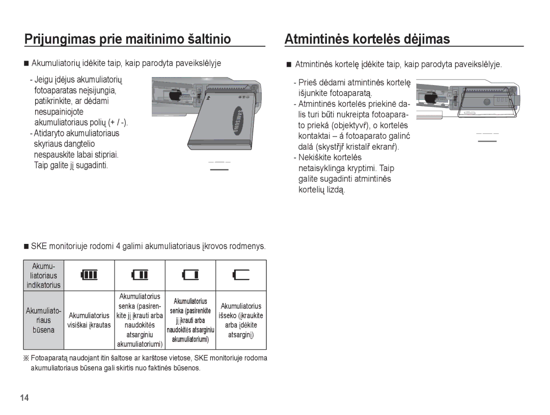 Samsung EC-ES55ZBBP/RU manual Atmintinơs kortelơs dơjimas, Akumuliatoriǐ idơkite taip, kaip parodyta paveikslơlyje 