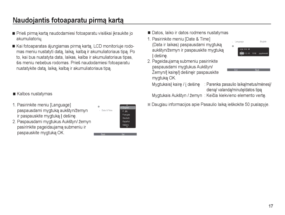 Samsung EC-ES55ZBBP/RU Naudojantis fotoaparatu pirmą kartą, Kalbos nustatymas, Datos, laiko ir datos rodmens nustatymas 