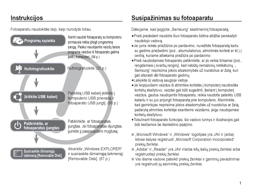 Samsung EC-ES55ZSBP/RU Instrukcijos, Susipažinimas su fotoaparatu, Nufotografuokite 20 p, Patikrinkite, ar fotoaparatas 