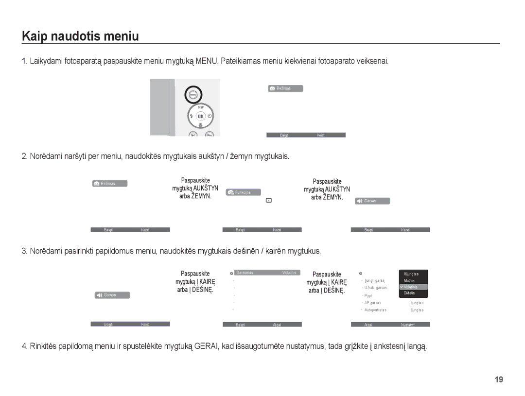 Samsung EC-ES55ZSBP/RU, EC-ES55ZBBP/RU, EC-ES55ZABP/RU manual Kaip naudotis meniu, Paspauskite 