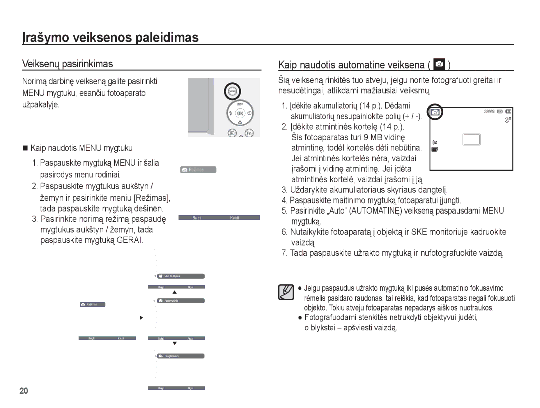 Samsung EC-ES55ZBBP/RU Ʋrašymo veiksenos paleidimas, Veiksenǐ pasirinkimas Kaip naudotis automatine veiksena, Mygtuką 