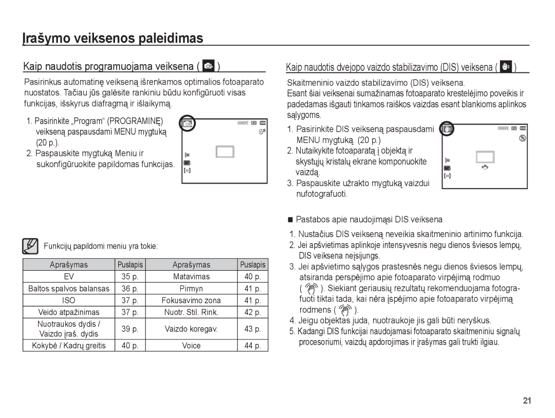 Samsung EC-ES55ZABP/RU, EC-ES55ZBBP/RU Kaip naudotis programuojama veiksena, Funkcijǐ papildomi meniu yra tokie Aprašymas 