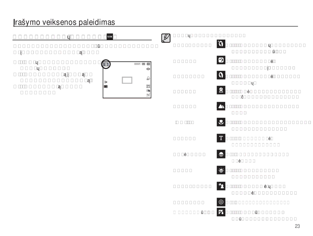 Samsung EC-ES55ZBBP/RU manual Kaip naudotis paveikslǐ veiksenomis, Veiksenǐ pasirinkimo ratuku išrinkite paveikslǐ Menu p 