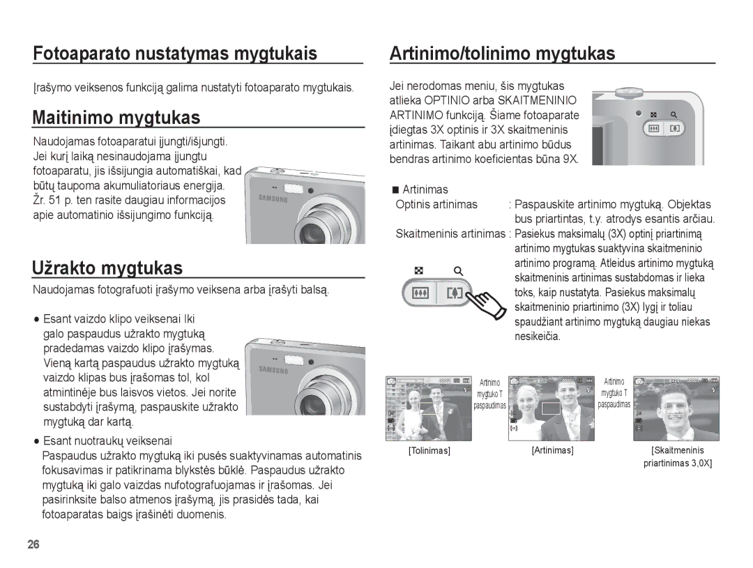 Samsung EC-ES55ZBBP/RU Fotoaparato nustatymas mygtukais, Maitinimo mygtukas, Užrakto mygtukas, Artinimo/tolinimo mygtukas 