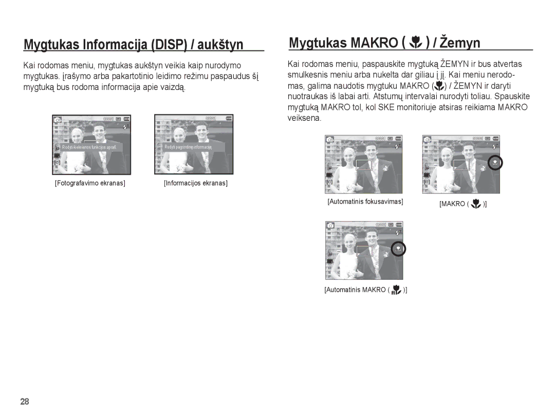 Samsung EC-ES55ZSBP/RU, EC-ES55ZBBP/RU, EC-ES55ZABP/RU manual Mygtukas Informacija Disp / aukštyn, Mygtukas Makro / Žemyn 