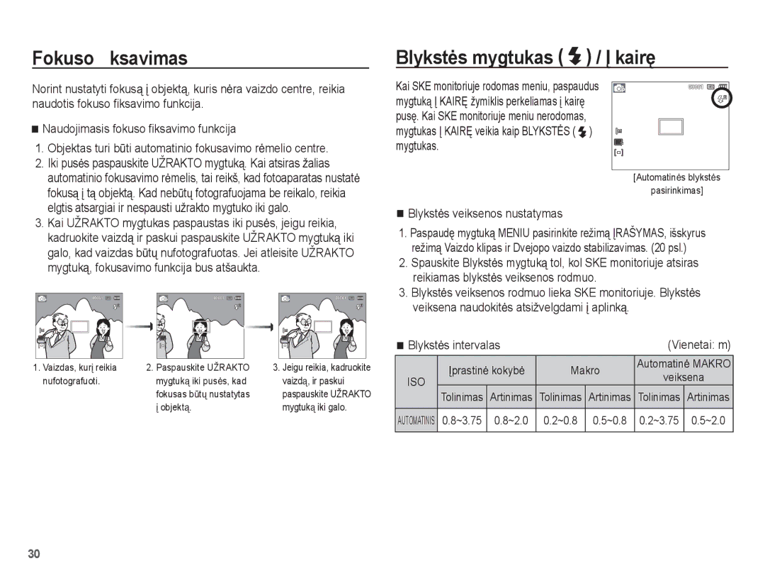 Samsung EC-ES55ZABP/RU, EC-ES55ZBBP/RU manual Fokuso ﬁksavimas, Blykstơs mygtukas / Ʋ kairĊ, Blykstơs veiksenos nustatymas 