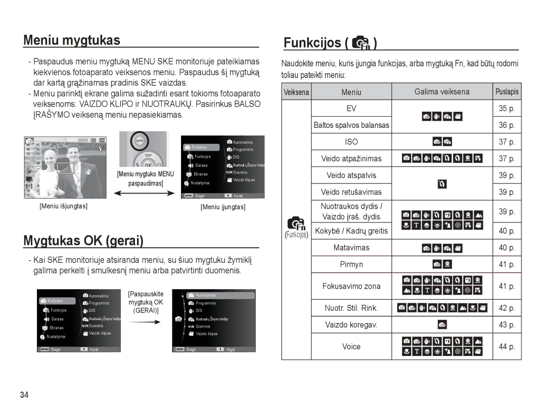 Samsung EC-ES55ZSBP/RU, EC-ES55ZBBP/RU, EC-ES55ZABP/RU manual Meniu mygtukas, Mygtukas OK gerai, Funkcijos, Galima veiksena 