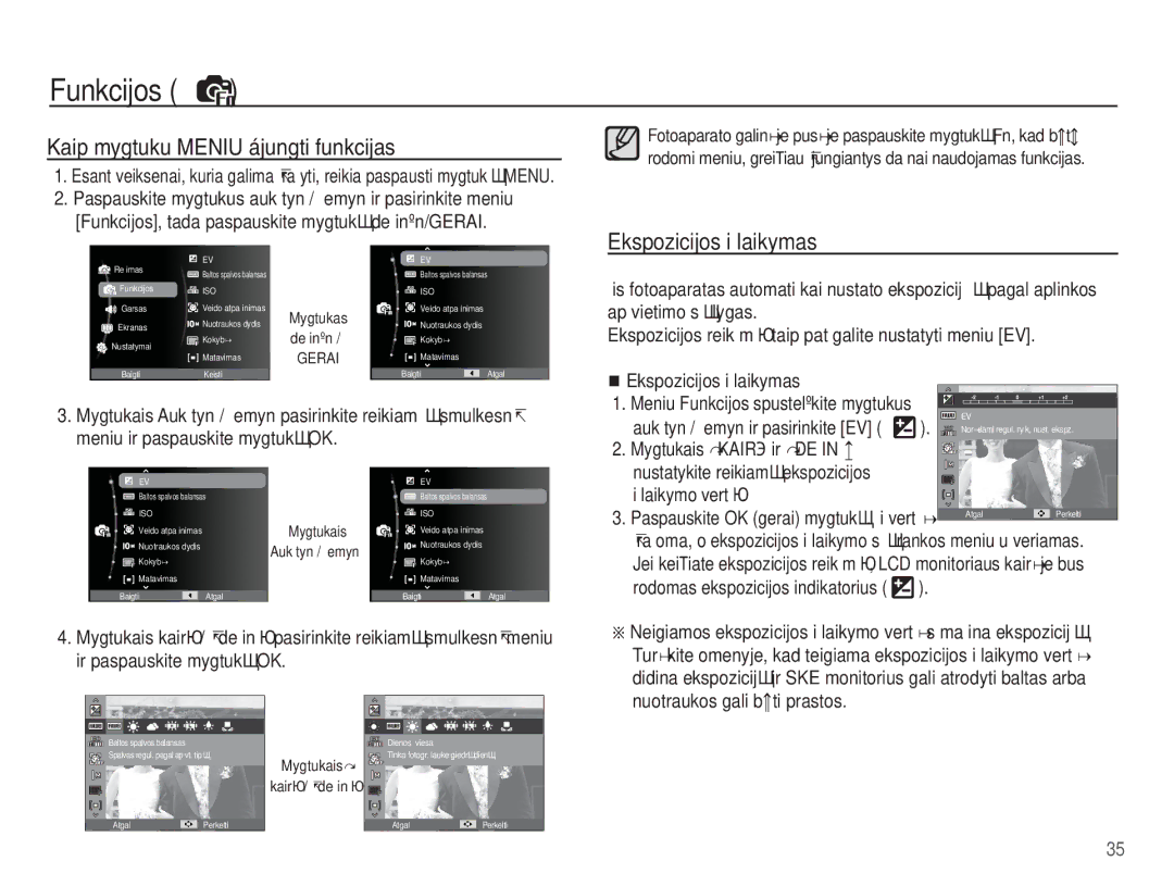 Samsung EC-ES55ZBBP/RU, EC-ES55ZABP/RU manual Kaip mygtuku Meniu ájungti funkcijas, Ekspozicijos išlaikymas, Išlaikymo vertĊ 