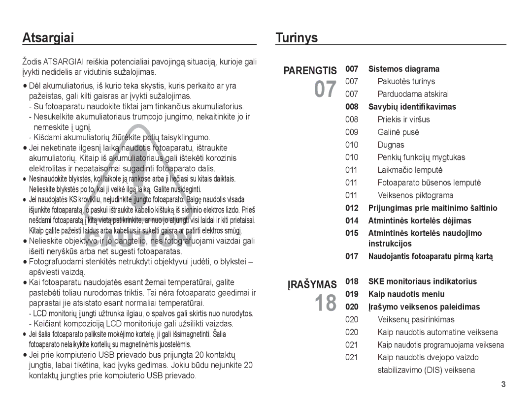 Samsung EC-ES55ZABP/RU, EC-ES55ZBBP/RU manual Atsargiai Turinys, Keiþiant kompoziciją LCD monitoriuje gali užsilikti vaizdas 