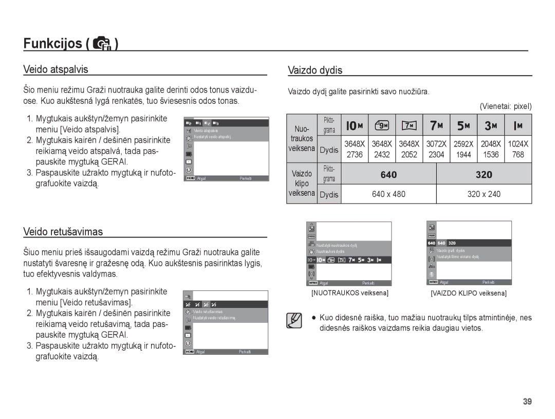 Samsung EC-ES55ZABP/RU, EC-ES55ZBBP/RU, EC-ES55ZSBP/RU manual Veido atspalvis Vaizdo dydis, Veido retušavimas 