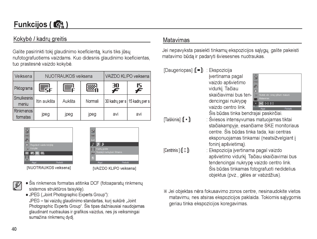 Samsung EC-ES55ZSBP/RU, EC-ES55ZBBP/RU, EC-ES55ZABP/RU manual Kokybơ / kadrǐ greitis, Matavimas 