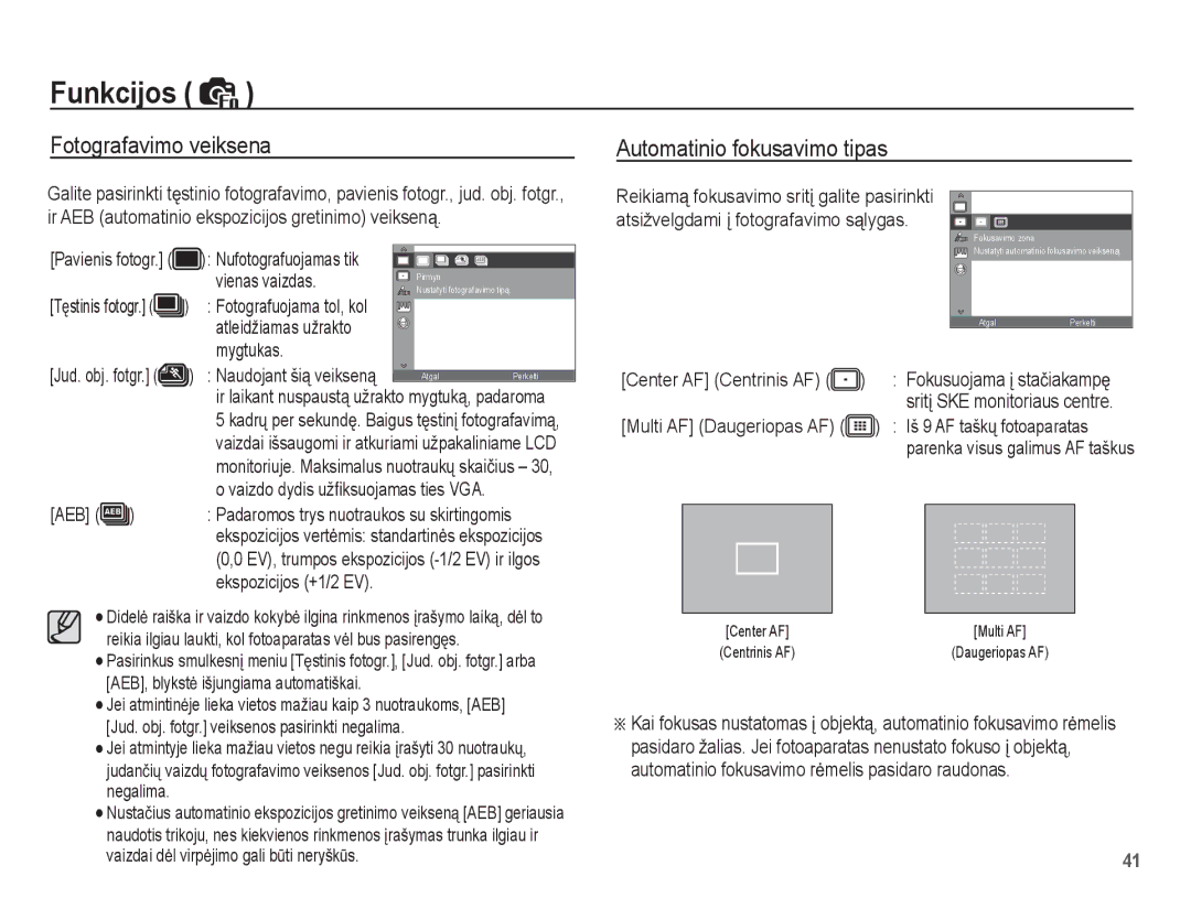 Samsung EC-ES55ZBBP/RU, EC-ES55ZABP/RU, EC-ES55ZSBP/RU manual Fotografavimo veiksena Automatinio fokusavimo tipas 