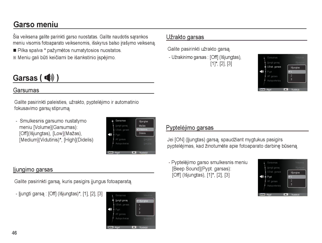 Samsung EC-ES55ZSBP/RU, EC-ES55ZBBP/RU, EC-ES55ZABP/RU manual Garso meniu, Garsas  