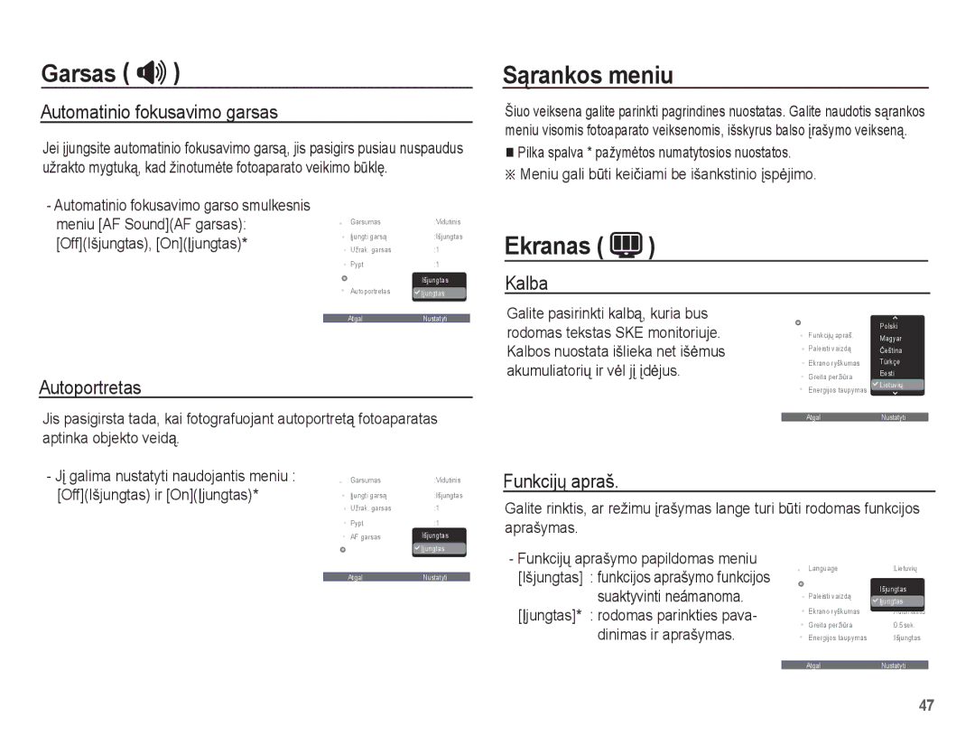 Samsung EC-ES55ZBBP/RU, EC-ES55ZABP/RU, EC-ES55ZSBP/RU manual Sąrankos meniu, Ekranas 