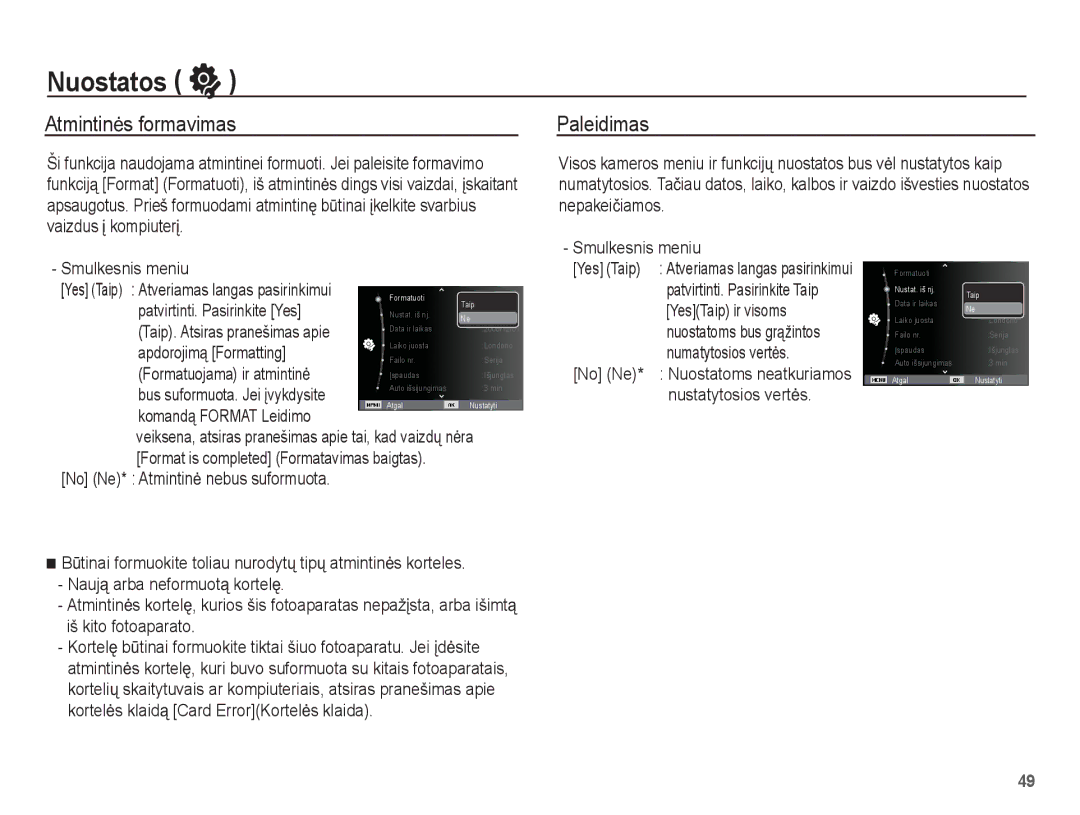 Samsung EC-ES55ZSBP/RU, EC-ES55ZBBP/RU, EC-ES55ZABP/RU manual Nuostatos, Atmintinơs formavimas, Paleidimas 