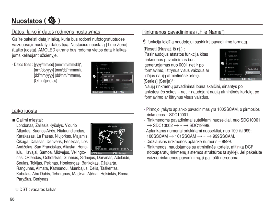 Samsung EC-ES55ZBBP/RU manual Datos, laiko ir datos rodmens nustatymas, Rinkmenos pavadinimas „File Name, Laiko juosta 