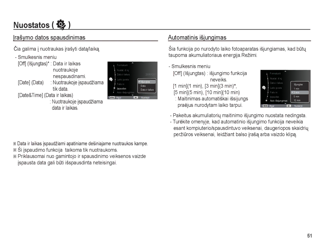 Samsung EC-ES55ZABP/RU Ʋrašymo datos spausdinimas Automatinis išjungimas, Nuotraukoje, Tik data Date&Time Data ir laikas 