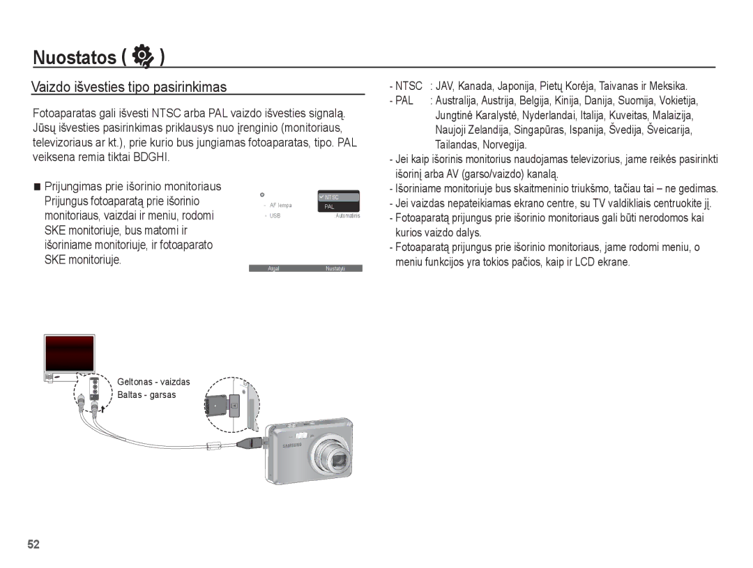 Samsung EC-ES55ZSBP/RU manual Vaizdo išvesties tipo pasirinkimas, Tailandas, Norvegija, IšorinƳ arba AV garso/vaizdo kanalą 