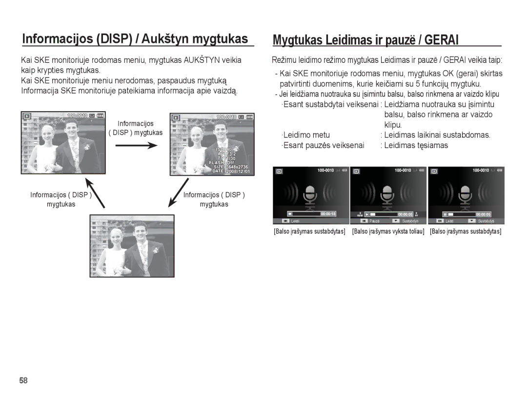 Samsung EC-ES55ZSBP/RU Mygtukas Leidimas ir pauzë / Gerai, Klipu, ·Leidimo metu, ·Esant pauzơs veiksenai Leidimas tĊsiamas 