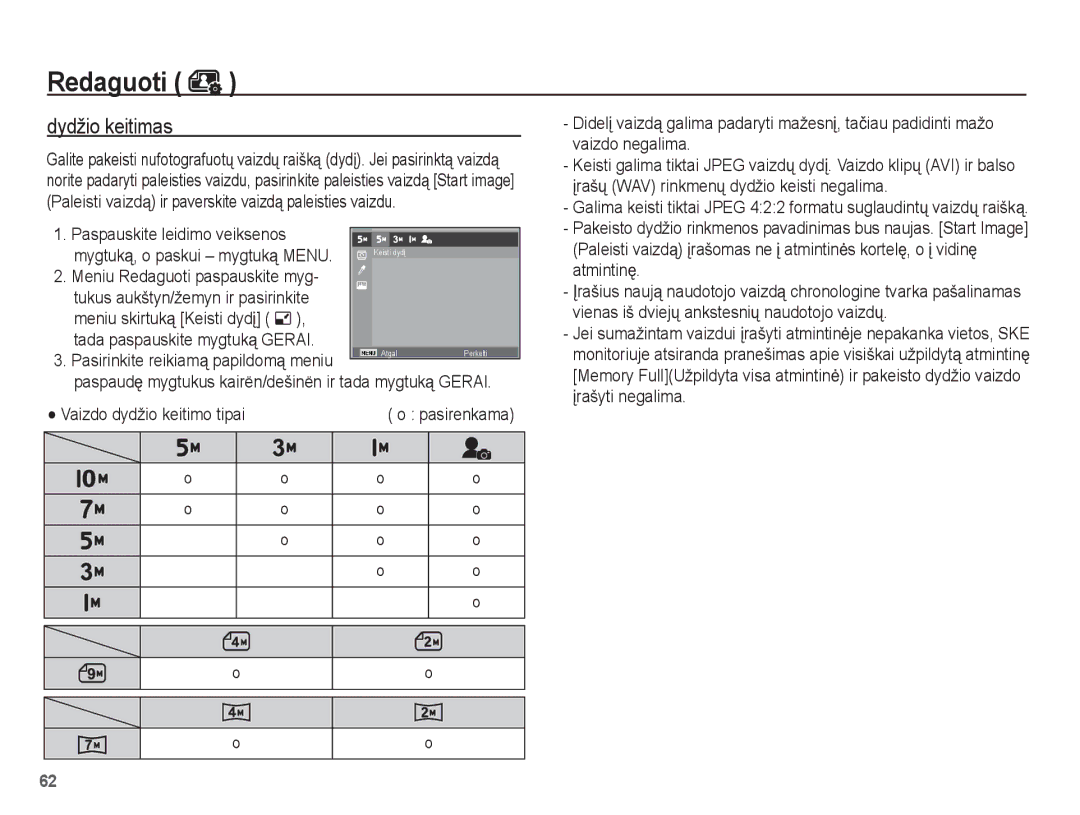 Samsung EC-ES55ZBBP/RU manual Redaguoti, Dydžio keitimas, Paspauskite leidimo veiksenos, Vaizdo dydžio keitimo tipai 