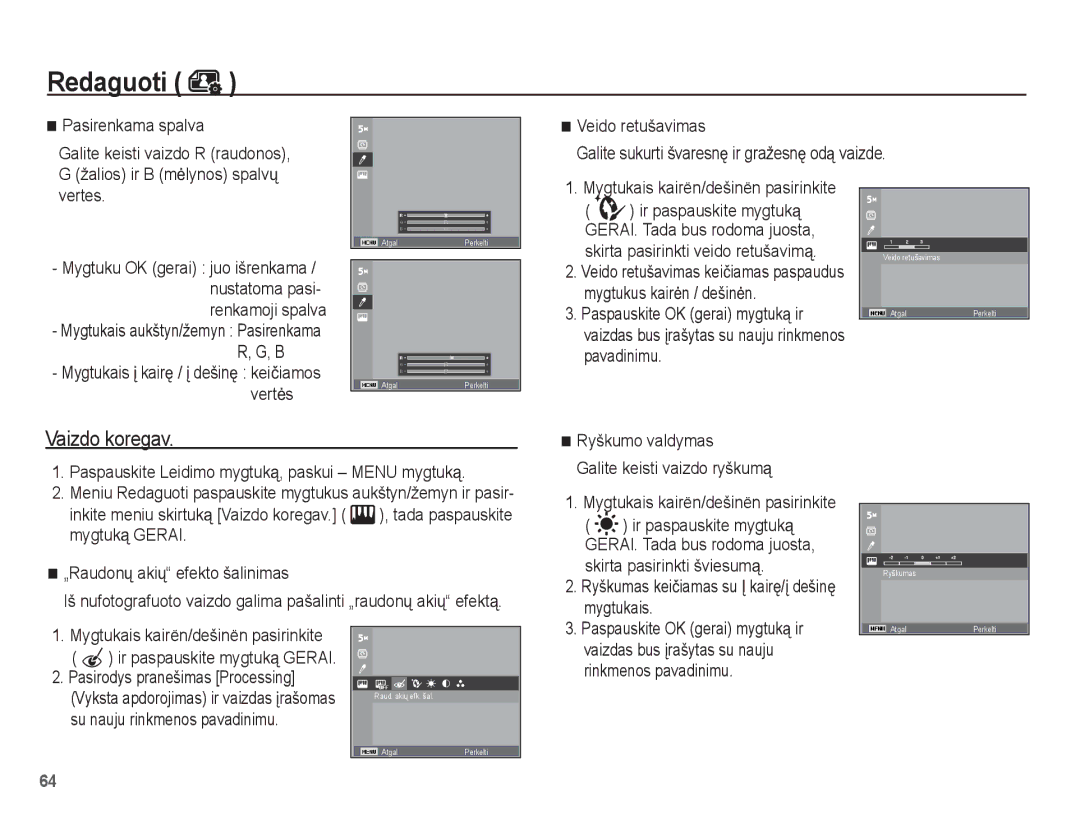 Samsung EC-ES55ZSBP/RU, EC-ES55ZBBP/RU manual Pasirenkama spalva, Mygtukais kairën/dešinën pasirinkite, Rinkmenos pavadinimu 