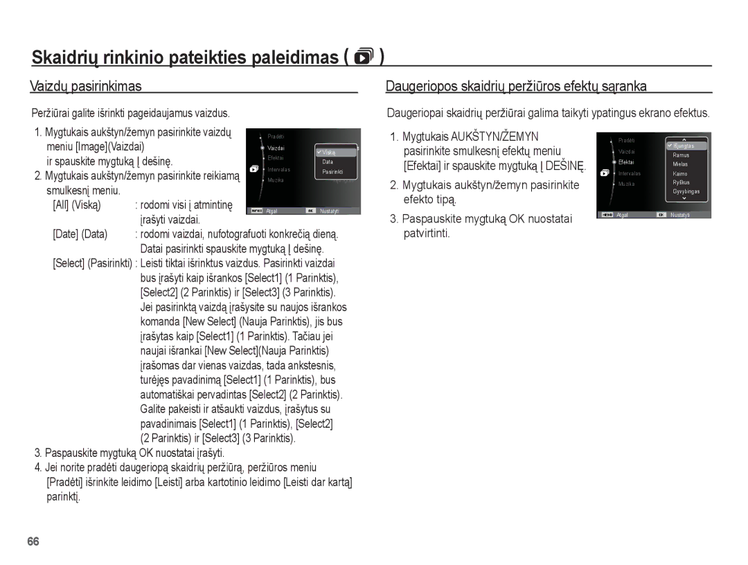 Samsung EC-ES55ZABP/RU, EC-ES55ZBBP/RU, EC-ES55ZSBP/RU manual Skaidriǐ rinkinio pateikties paleidimas , Vaizdǐ pasirinkimas 