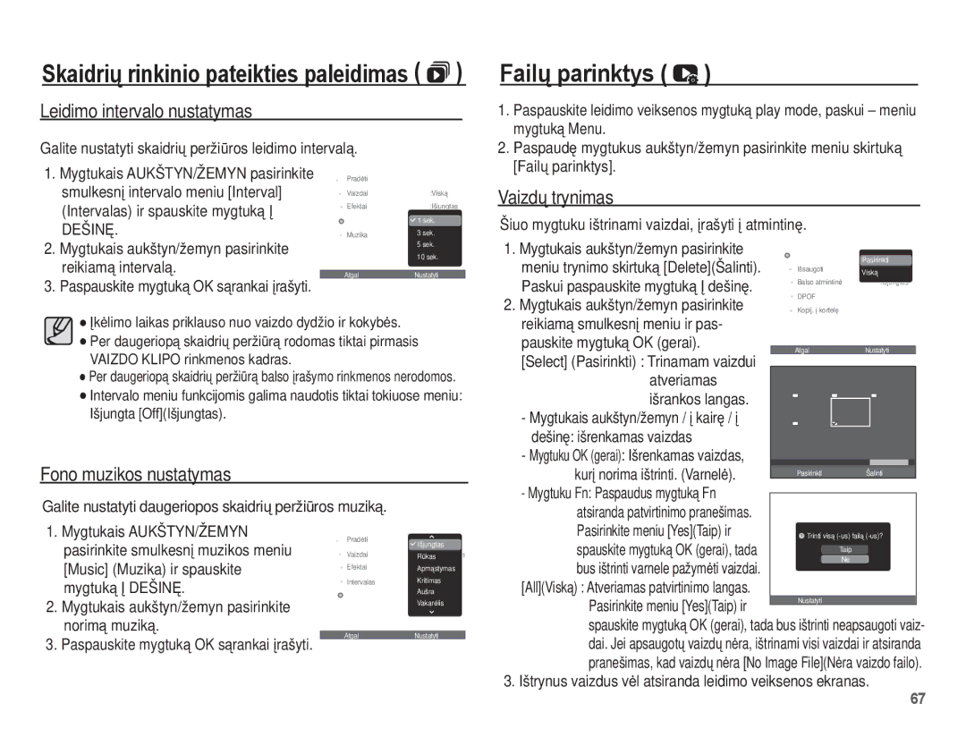 Samsung EC-ES55ZSBP/RU manual Failǐ parinktys, Leidimo intervalo nustatymas, Fono muzikos nustatymas, Vaizdǐ trynimas 