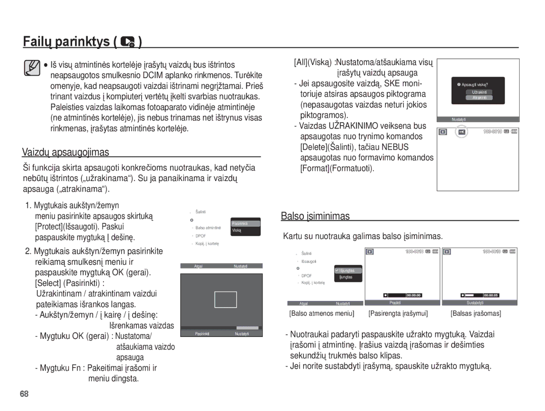 Samsung EC-ES55ZBBP/RU, EC-ES55ZABP/RU, EC-ES55ZSBP/RU manual Vaizdǐ apsaugojimas, Balso Ƴsiminimas 