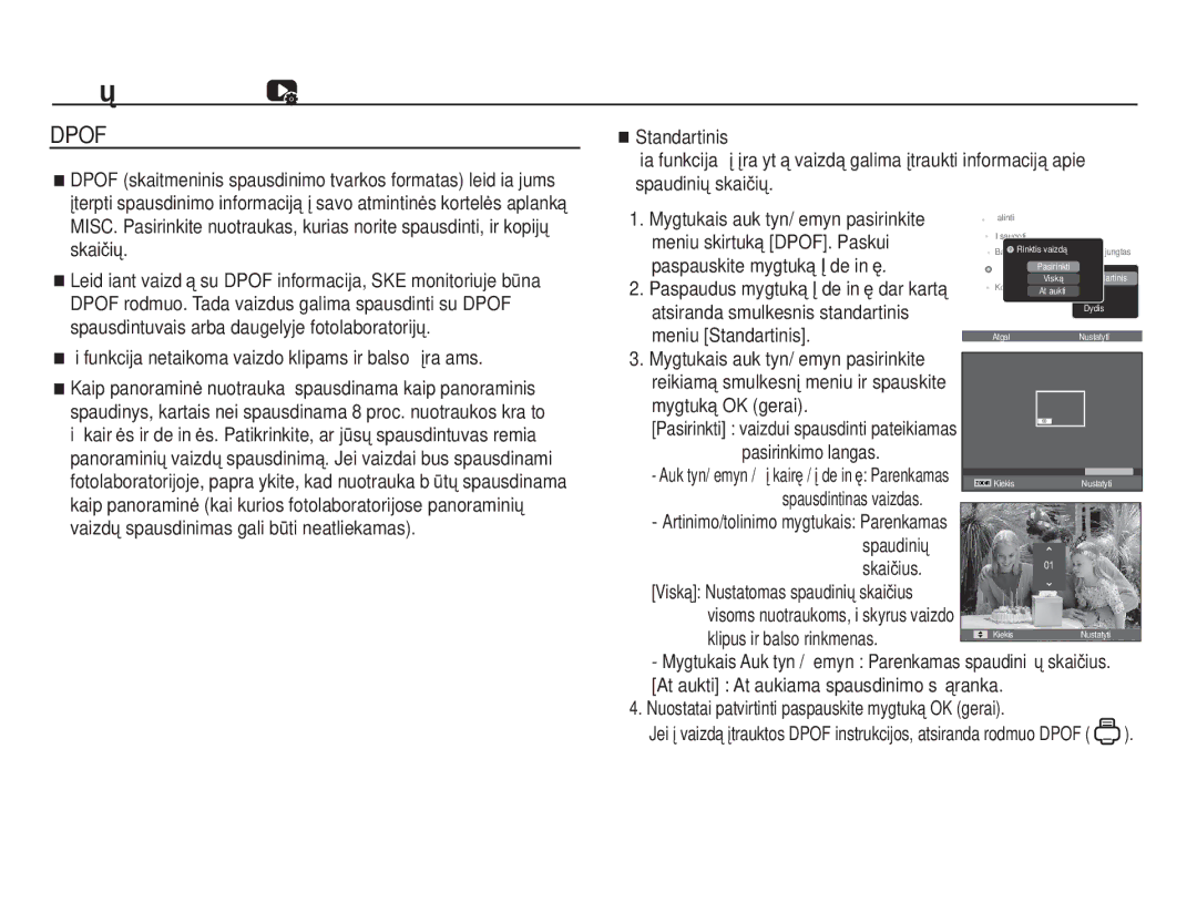 Samsung EC-ES55ZABP/RU, EC-ES55ZBBP/RU Ši funkcija netaikoma vaizdo klipams ir balso Ƴrašams, Meniu skirtuką DPOF. Paskui 