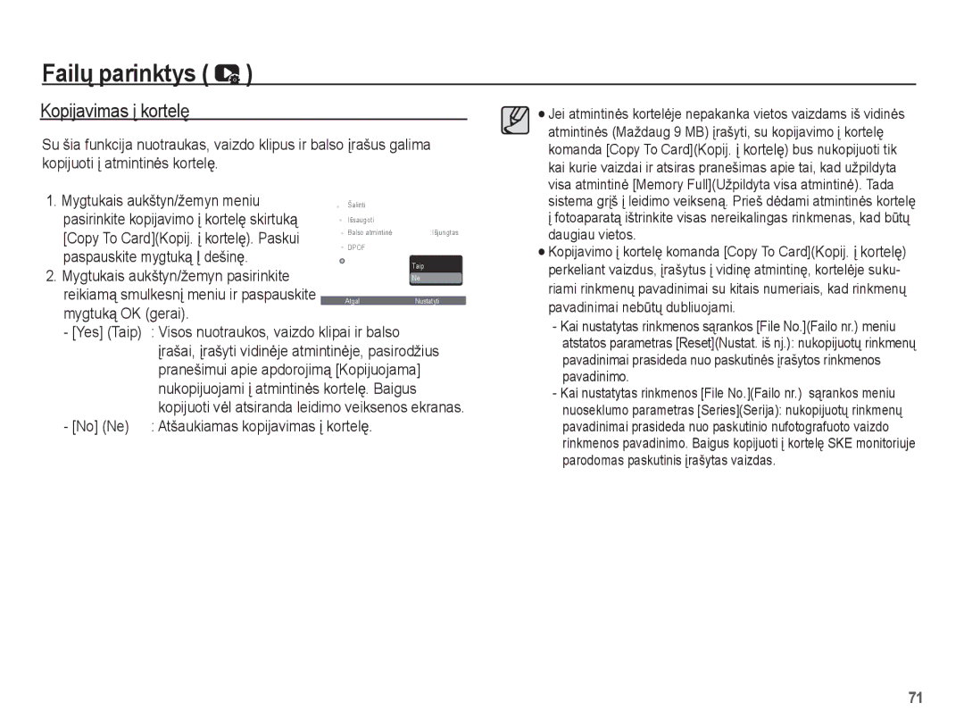 Samsung EC-ES55ZBBP/RU, EC-ES55ZABP/RU manual Kopijavimas Ƴ kortelĊ, Mygtukais aukštyn/žemyn meniu, Mygtuką OK gerai 