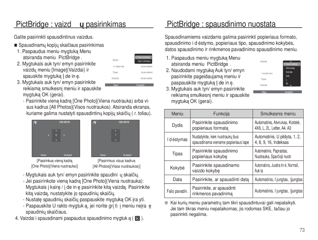 Samsung EC-ES55ZSBP/RU, EC-ES55ZBBP/RU, EC-ES55ZABP/RU manual PictBridge vaizdǐ pasirinkimas, PictBridge spausdinimo nuostata 