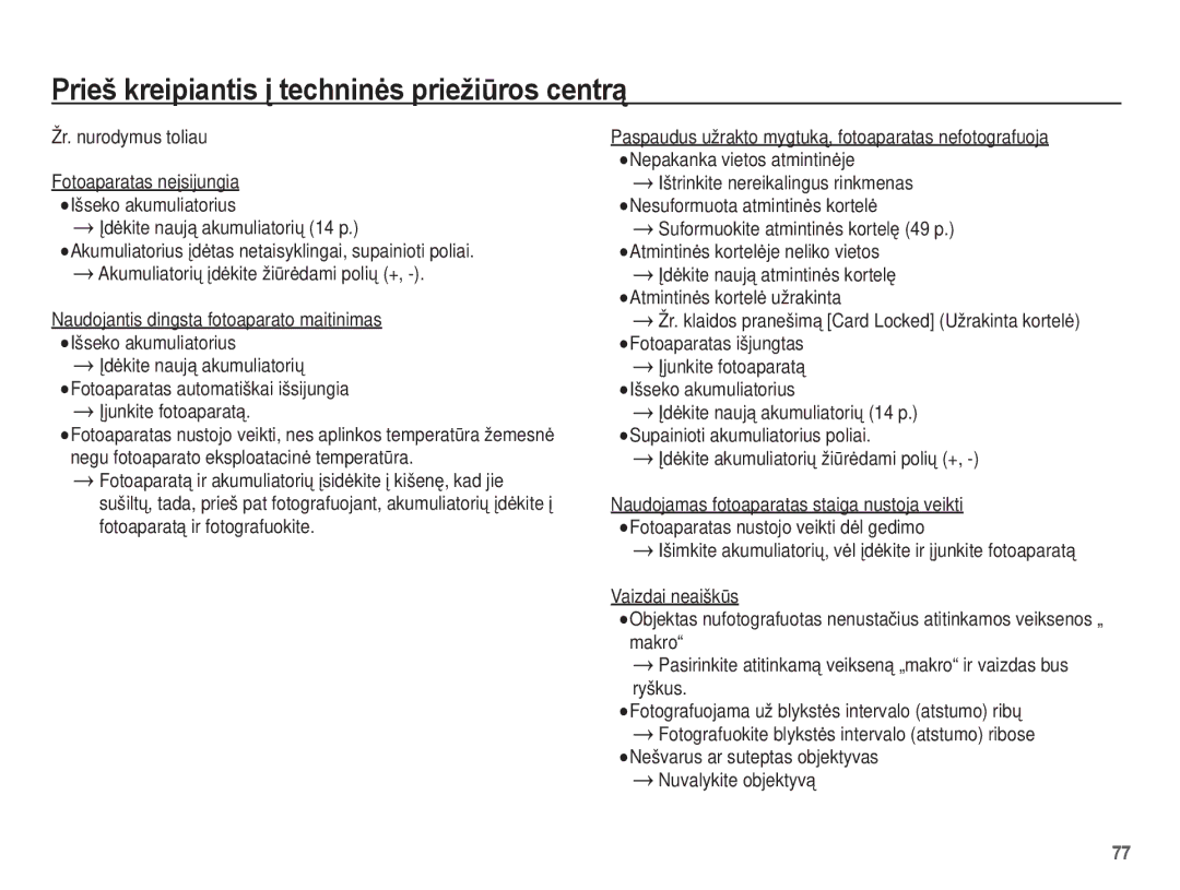 Samsung EC-ES55ZBBP/RU, EC-ES55ZABP/RU manual Prieš kreipiantis Ƴ techninơs priežiǌros centrą, Ʋjunkite fotoaparatą 