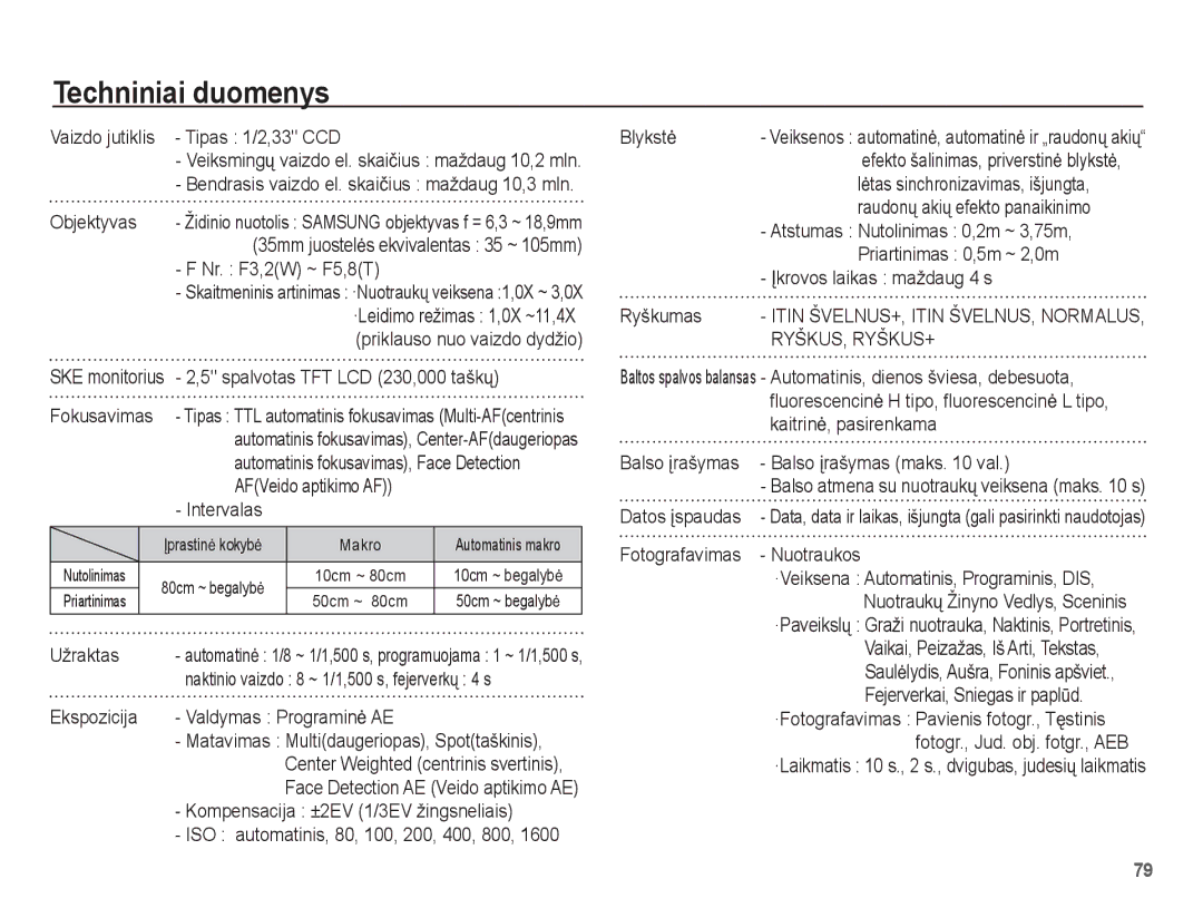 Samsung EC-ES55ZSBP/RU, EC-ES55ZBBP/RU, EC-ES55ZABP/RU manual Techniniai duomenys 